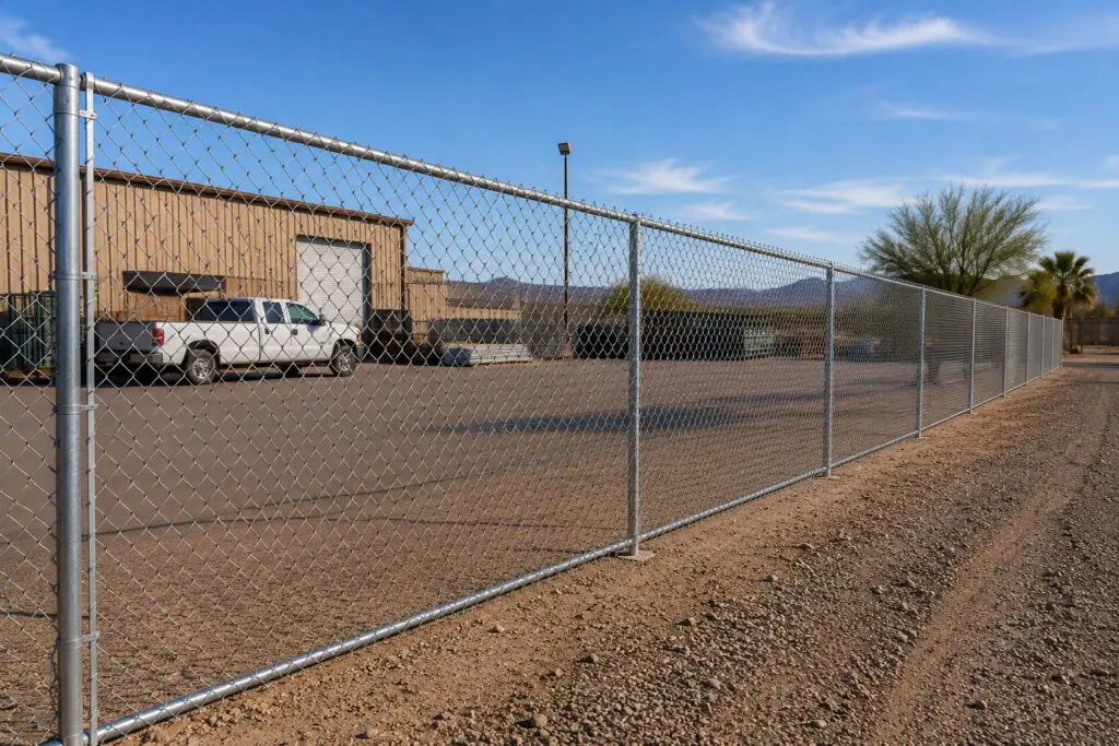 Galvanized chain link fence securing a commercial equipment yard in Yuma, Arizona