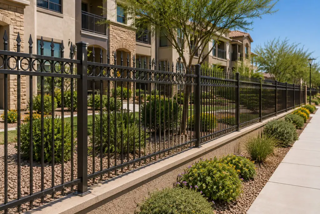 Black ornamental metal fence along a landscaped residential property in Yuma