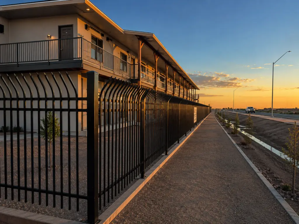 Ornamental steel fence installed by SK Fencing along a roadway in Yuma, Arizona