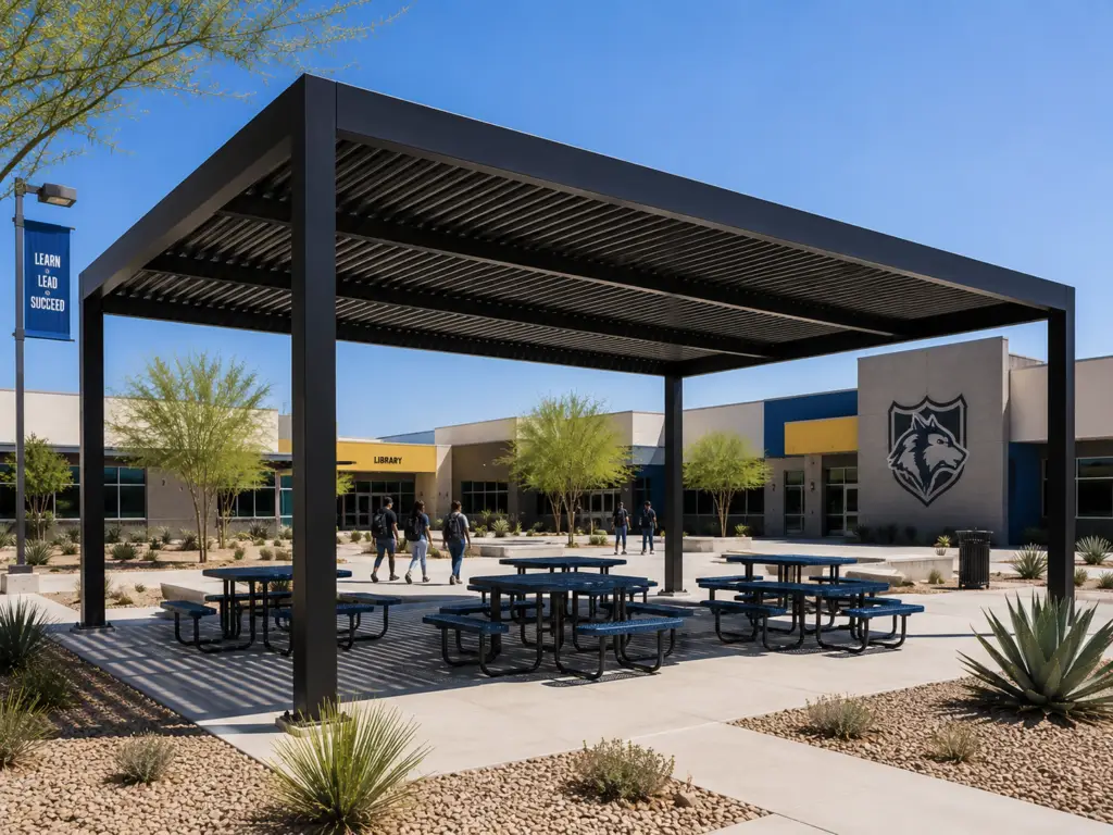 Steel shade structure over a public gathering area in Yuma, Arizona